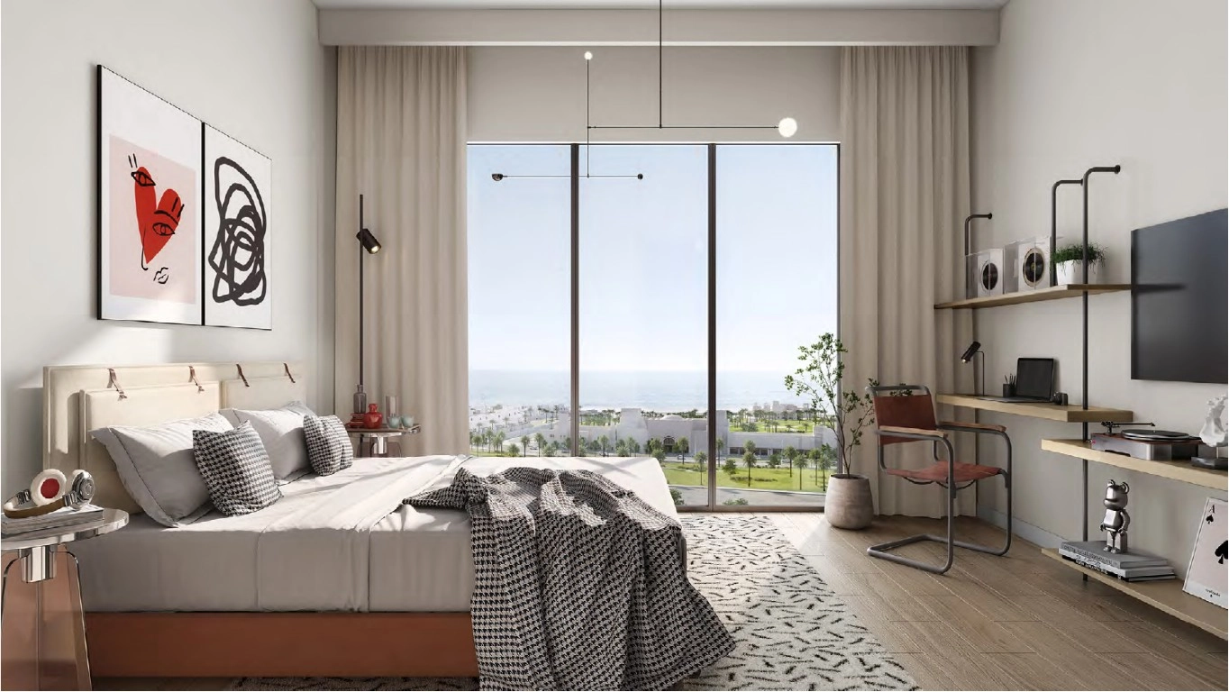 Living area with smart layout and full-length windows overlooking Saadiyat